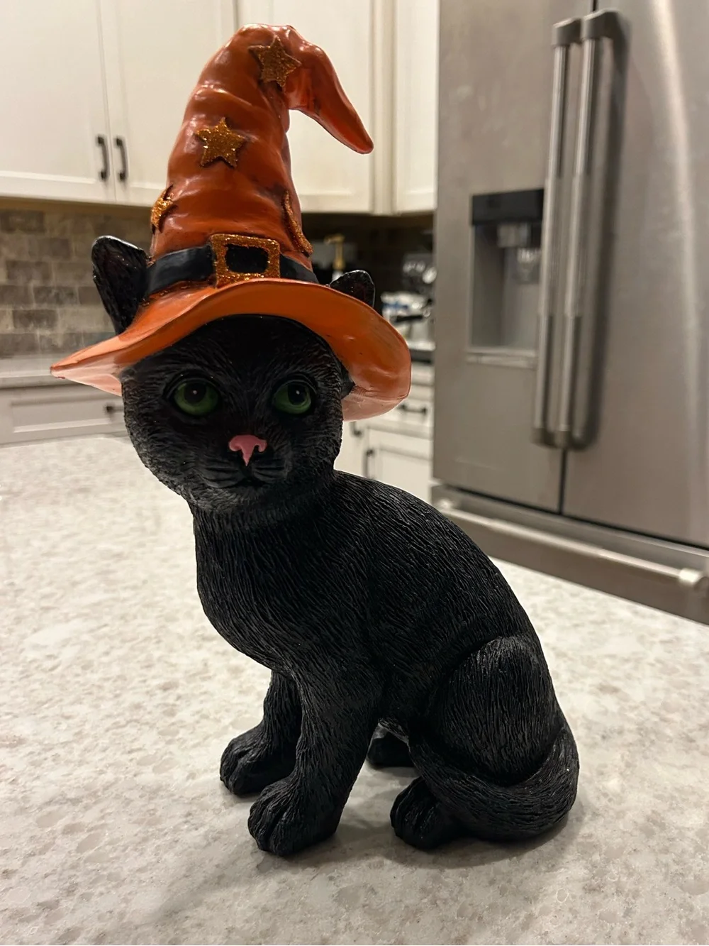 “New” Black Cat Halloween Figurine with Orange Witch Hat